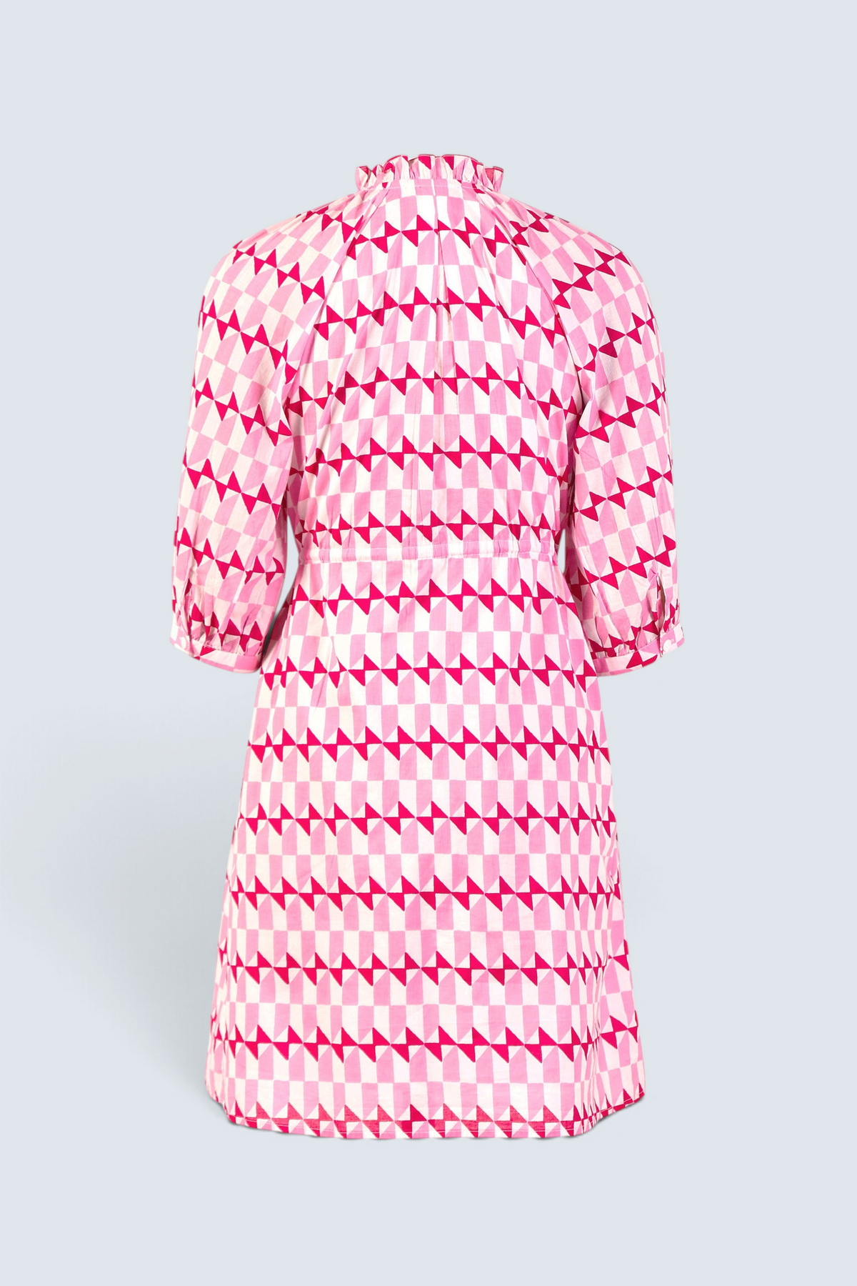 Back view of the Benita shirtdress in Stevie geometric print with button front, drawstring waist, and side pockets.