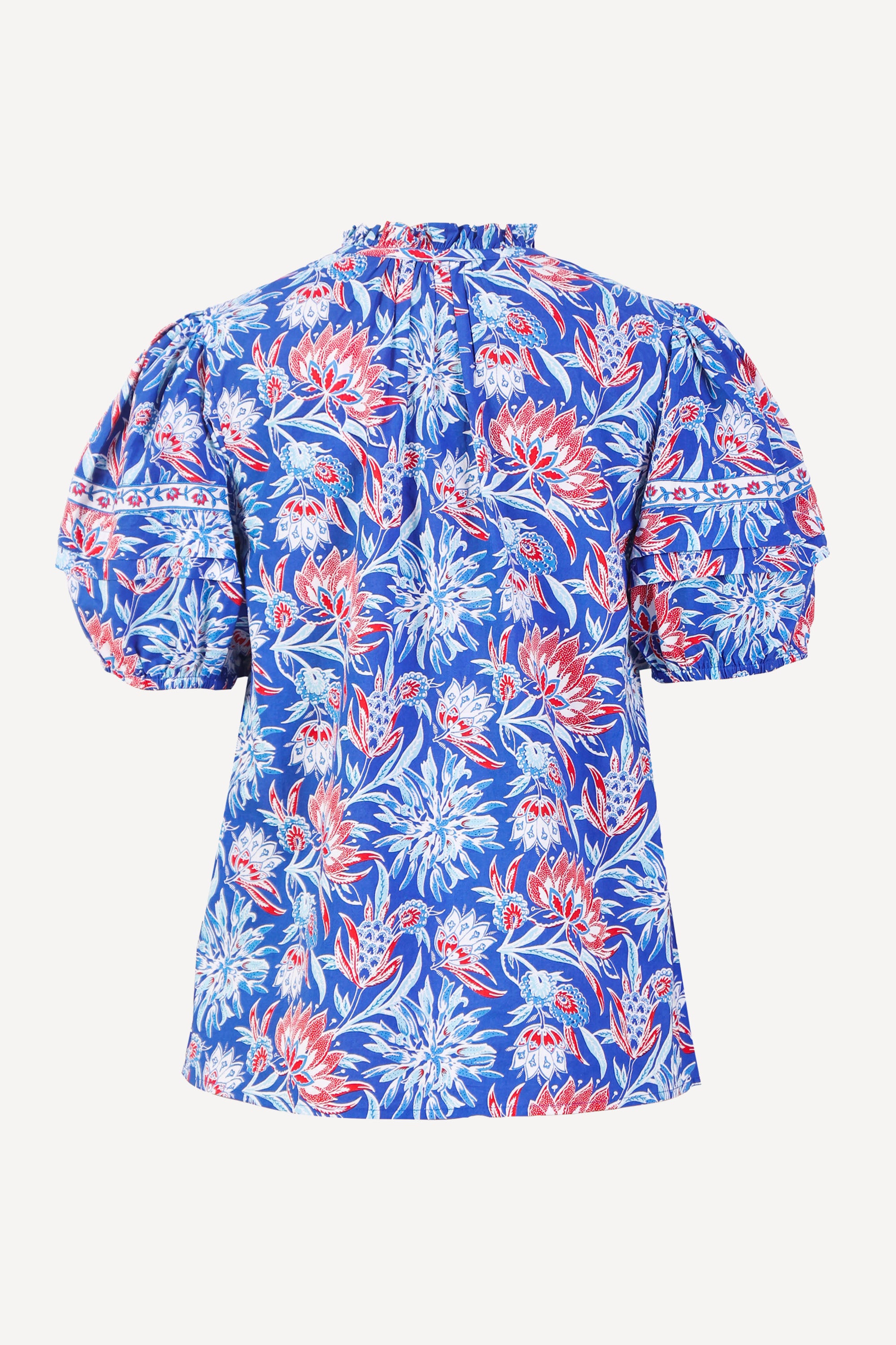 Back view of the Bronte top in Philippa floral print with contrast trim, and pleated sleeves. 