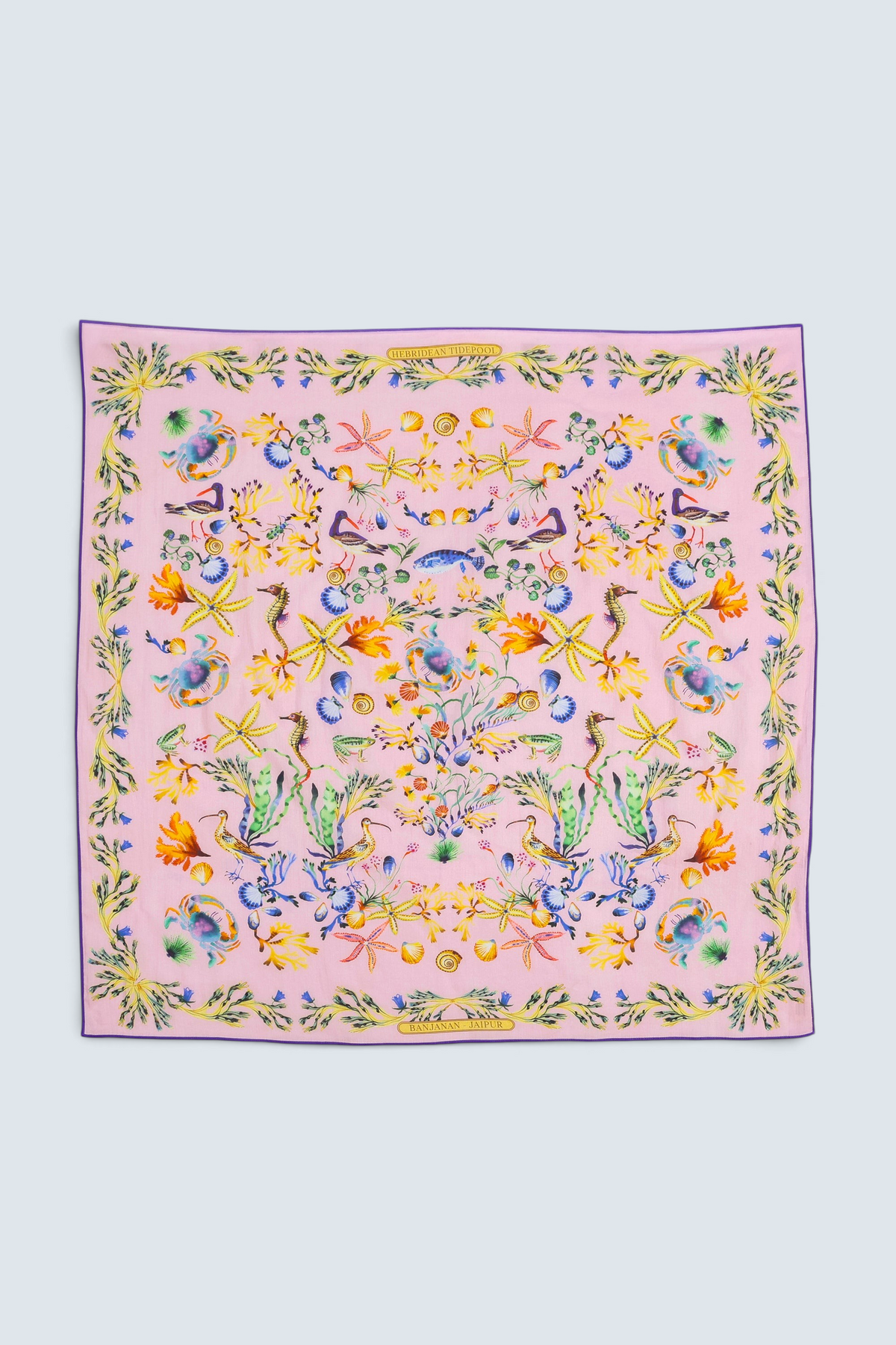 Flat lay of Carolina scarf featuring Tidepool print with starfish, seahorses, and shells in ocean-inspired tones.