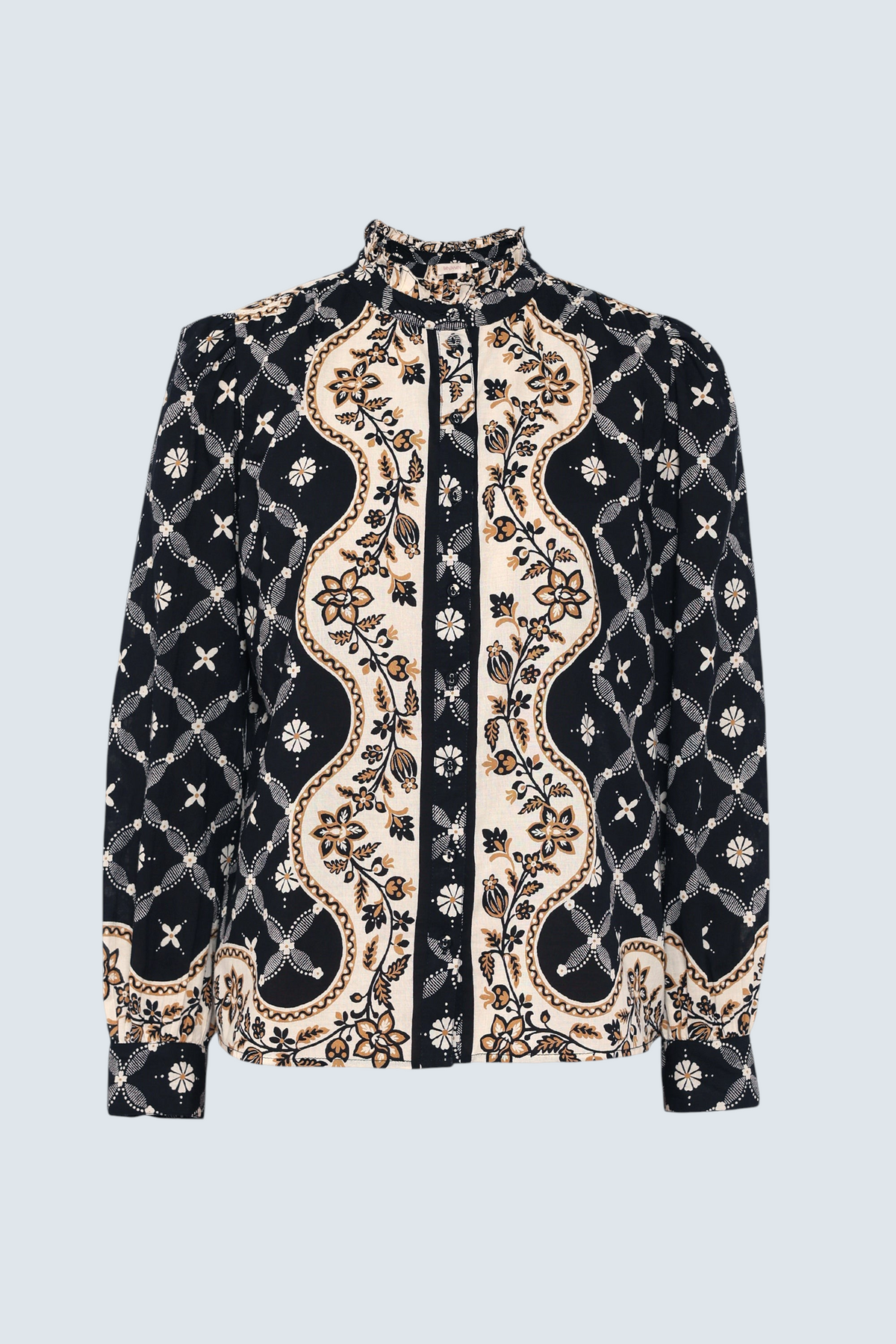 Front view of Banjanan Christina shirt in black with a cream Victorian-inspired bandana print, frilled collar, and puffed sleeves.
