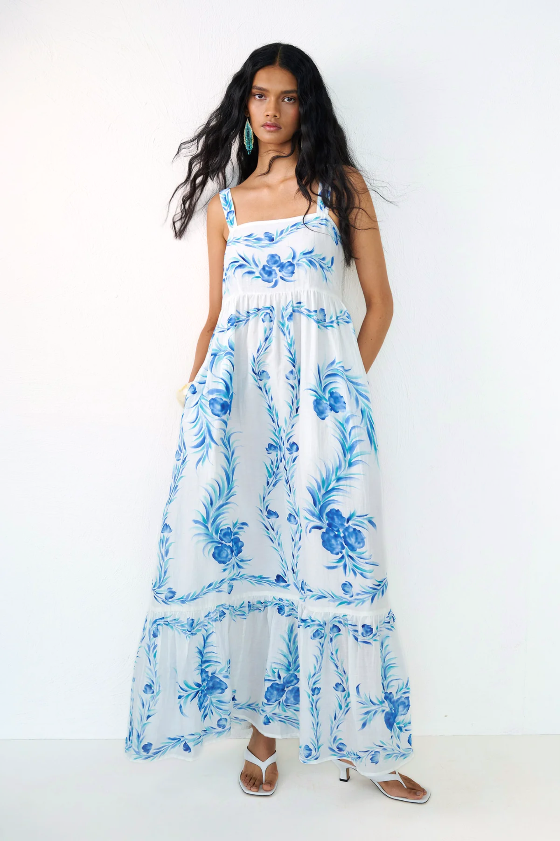 Daniella Dress Bagh Bouquet Cyan - Hand-Painted Artisan Dress