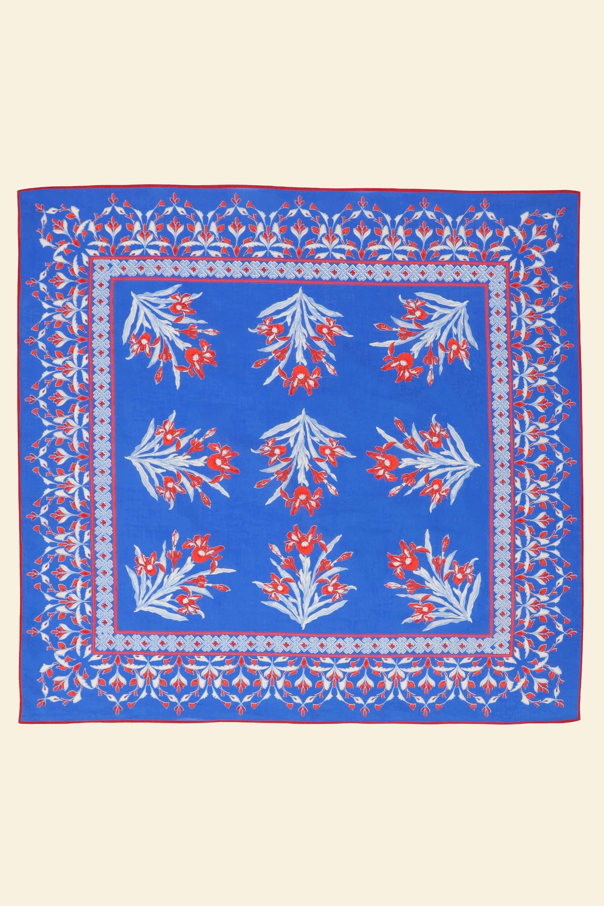 The Frances scarf in the Brigitte print featuring blooming irises inspired by Van Gogh’s Provencal gardens