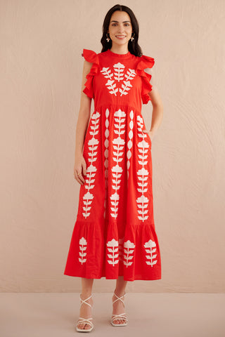 Hannah Dress Applique Embroidery High Risk Red