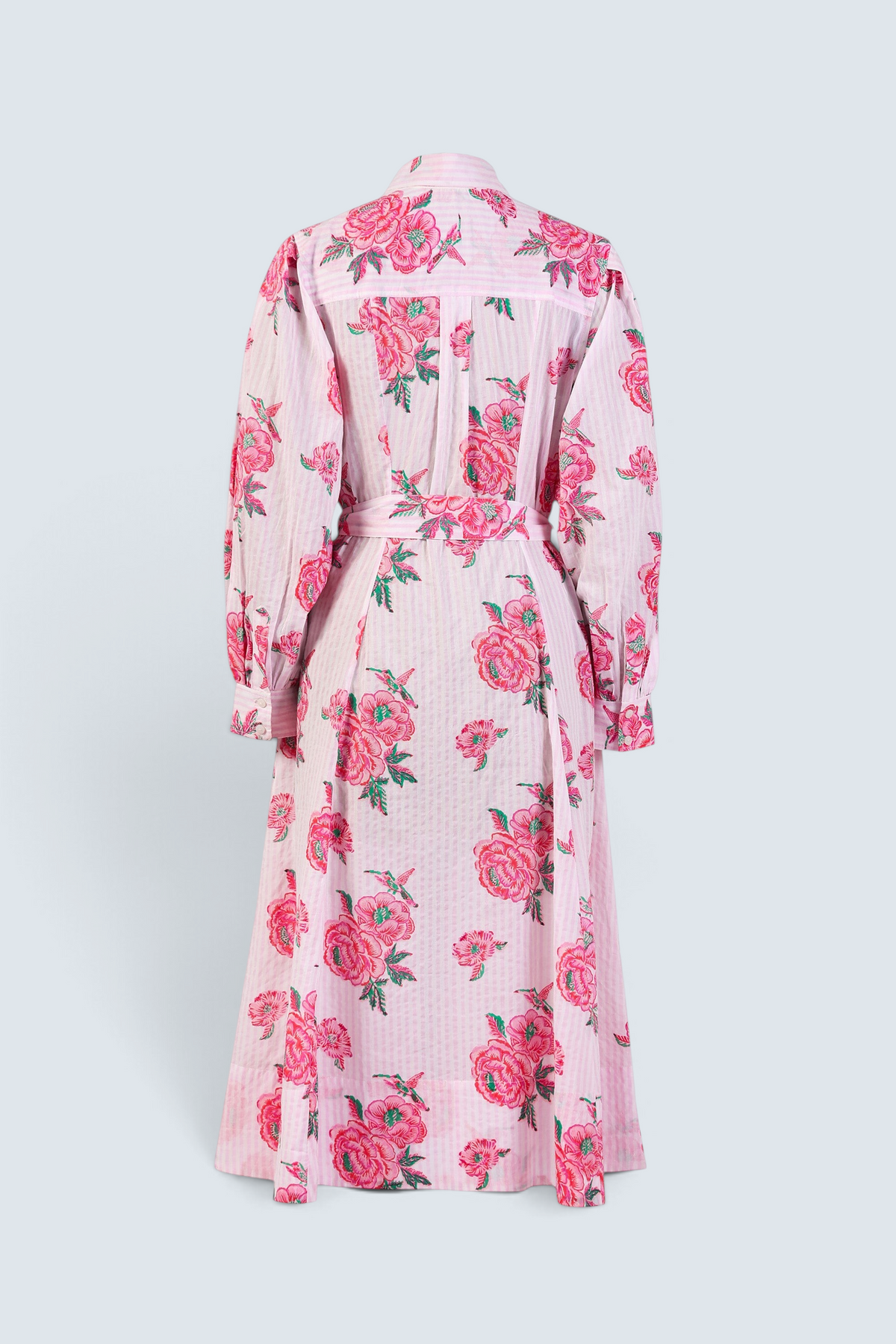 Back view the Harris fitted shirtdress in striped cotton with rose and hummingbird block print, tie belt, and flared skirt with godets.