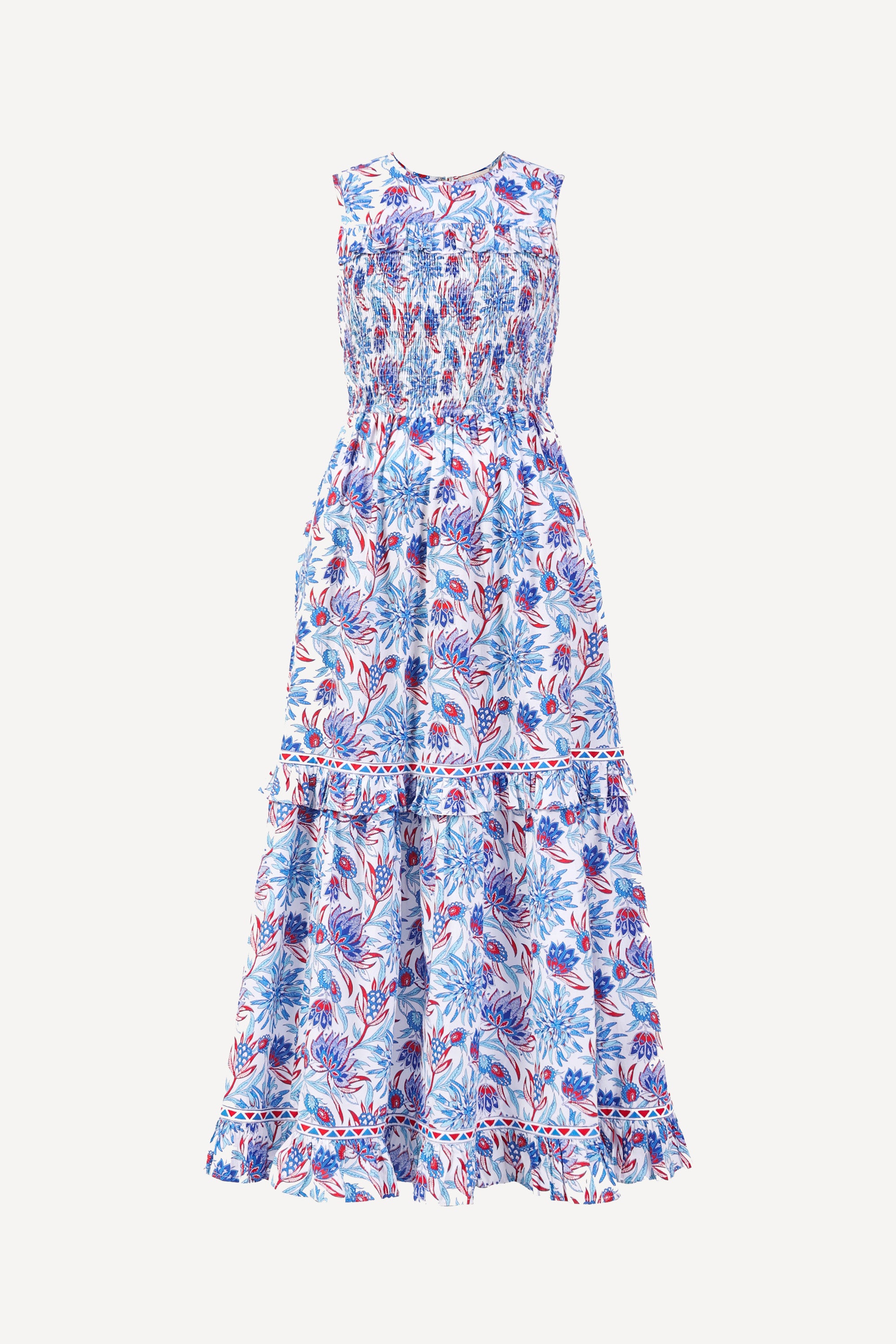 Front view of the Iris dress in Philippa floral print.It features smocked bodice, A-line skirt, keyhole back, and side pockets.
