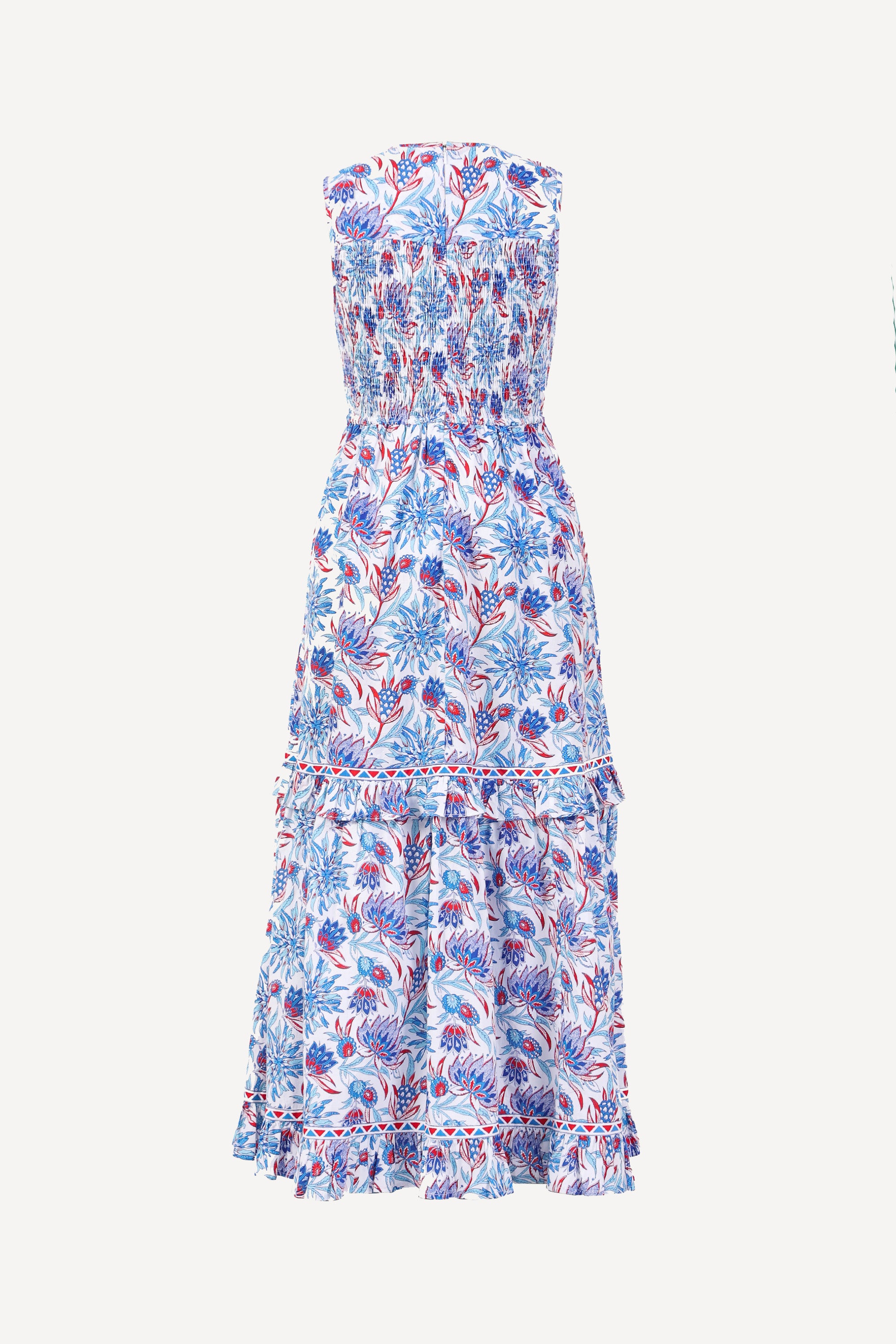 Back view of Iris dress in Philippa floral print.It features smocked bodice, A-line skirt, keyhole back, and side pockets.