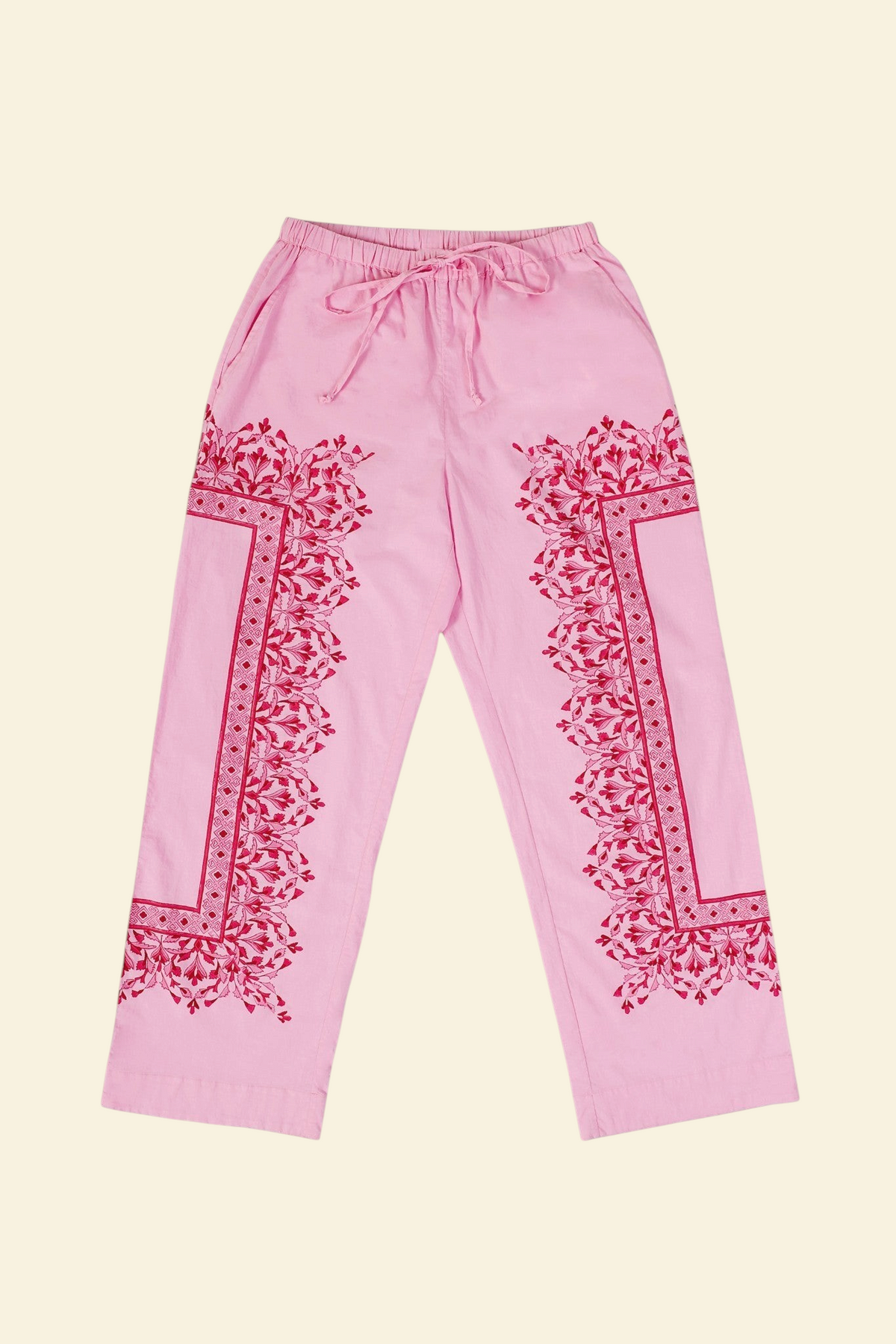 Banjanan Ivan flowing drawstring pants in Brigitte Bonbon pink with hand-blocked geometric floral print details.