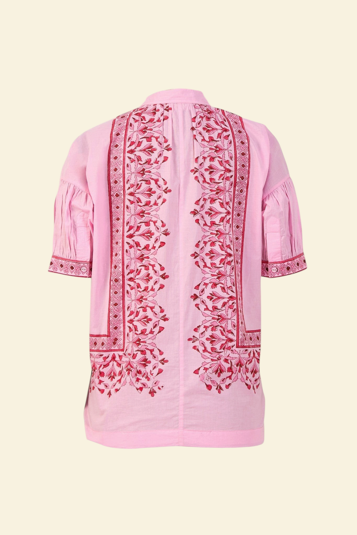Banjanan Ivy shirt in pink cotton cambric with hand-blocked Brigitte geometric floral print and gathered sleeves.