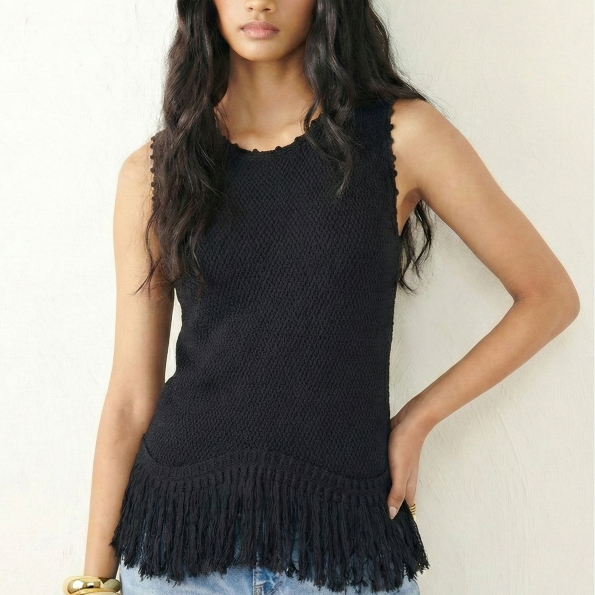 Luzia Fringe Tank Black - Hand-Crocheted Silk Road Inspired Tank