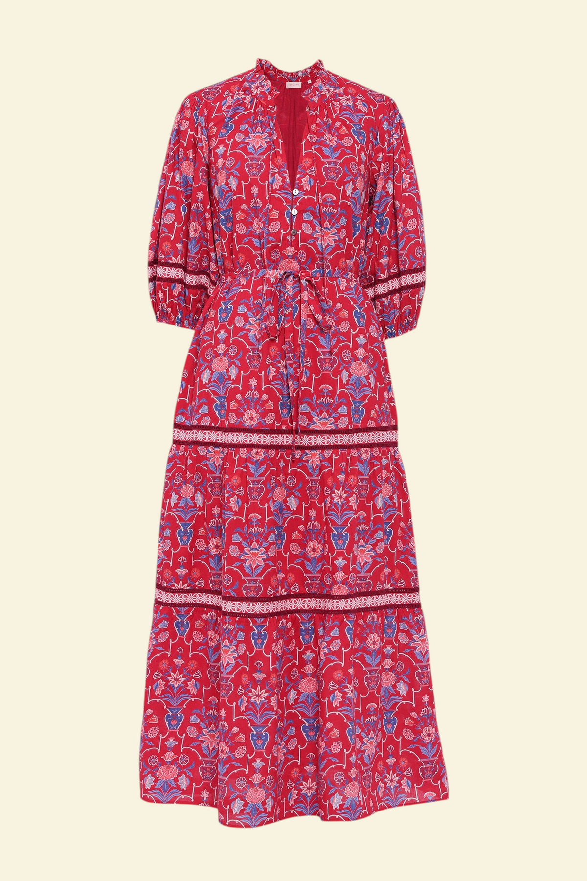 Front view of the Liza dress in Floral Vase print. It features a tie neckline, soft ruffles, lace sleeve and skirt details, and a fabric belt.