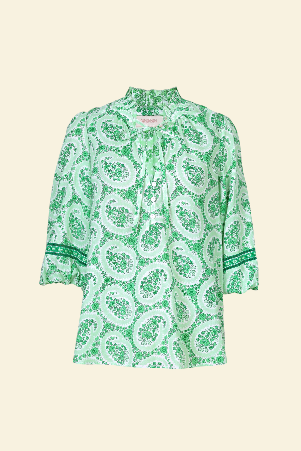 Ghost image of a green paisley Lorna blouse with ruffled tie neckline, button front, and contrast-trimmed sleeves.