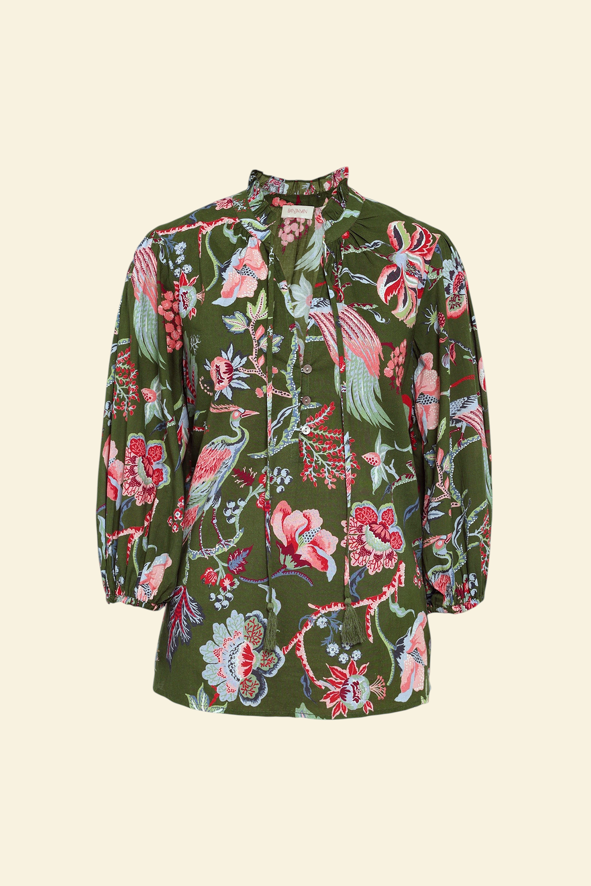 Banjanan Lorna top in moss green cotton voile with a floral and bird chintz print, v-neck, and ruffled collar.
