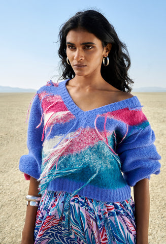 Maya V-Neck Feather Print Sweater
