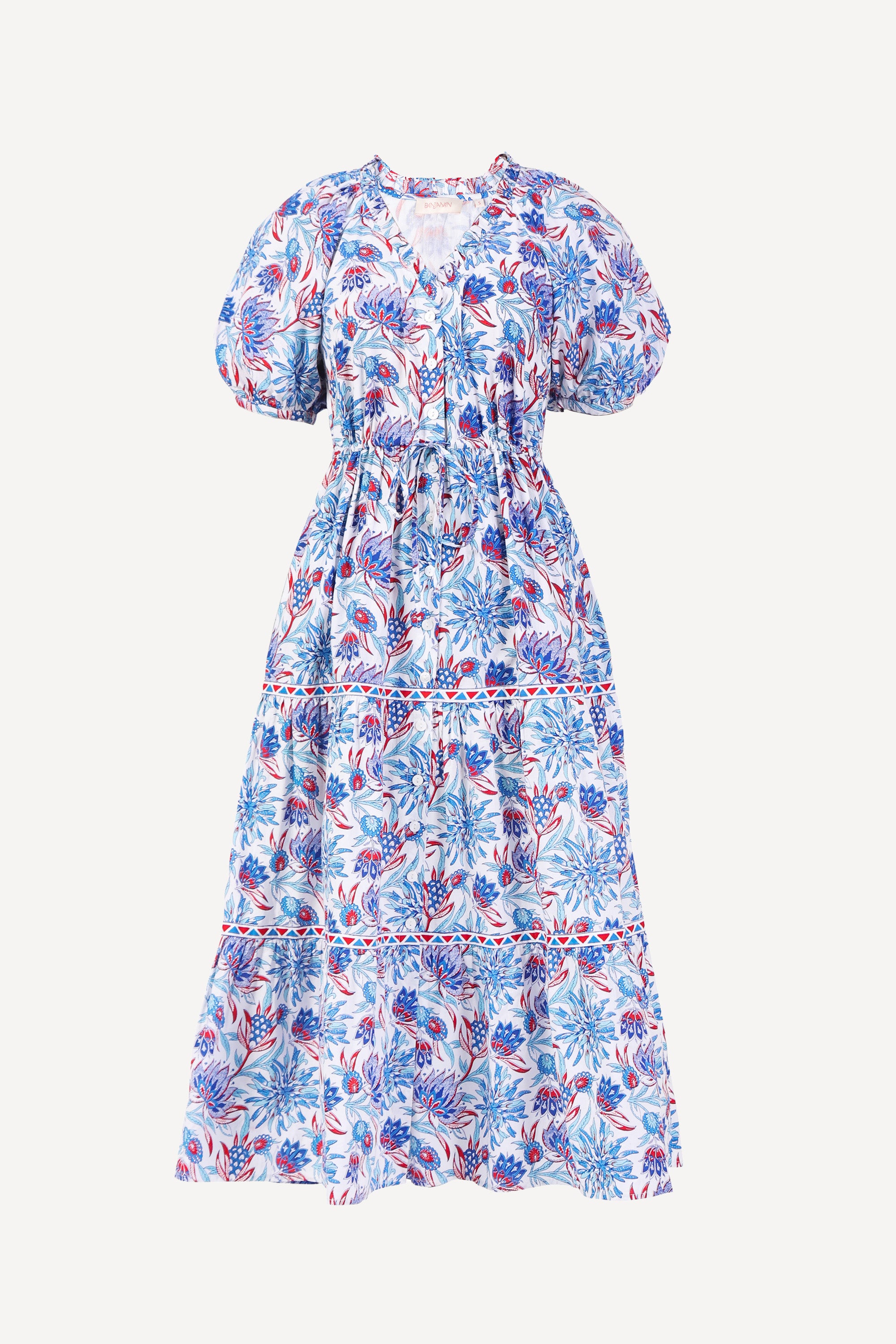 Front view of the Poppy dress in Philippa floral print with raglan blouson sleeves, button front, drawstring waist, and flowing skirt.