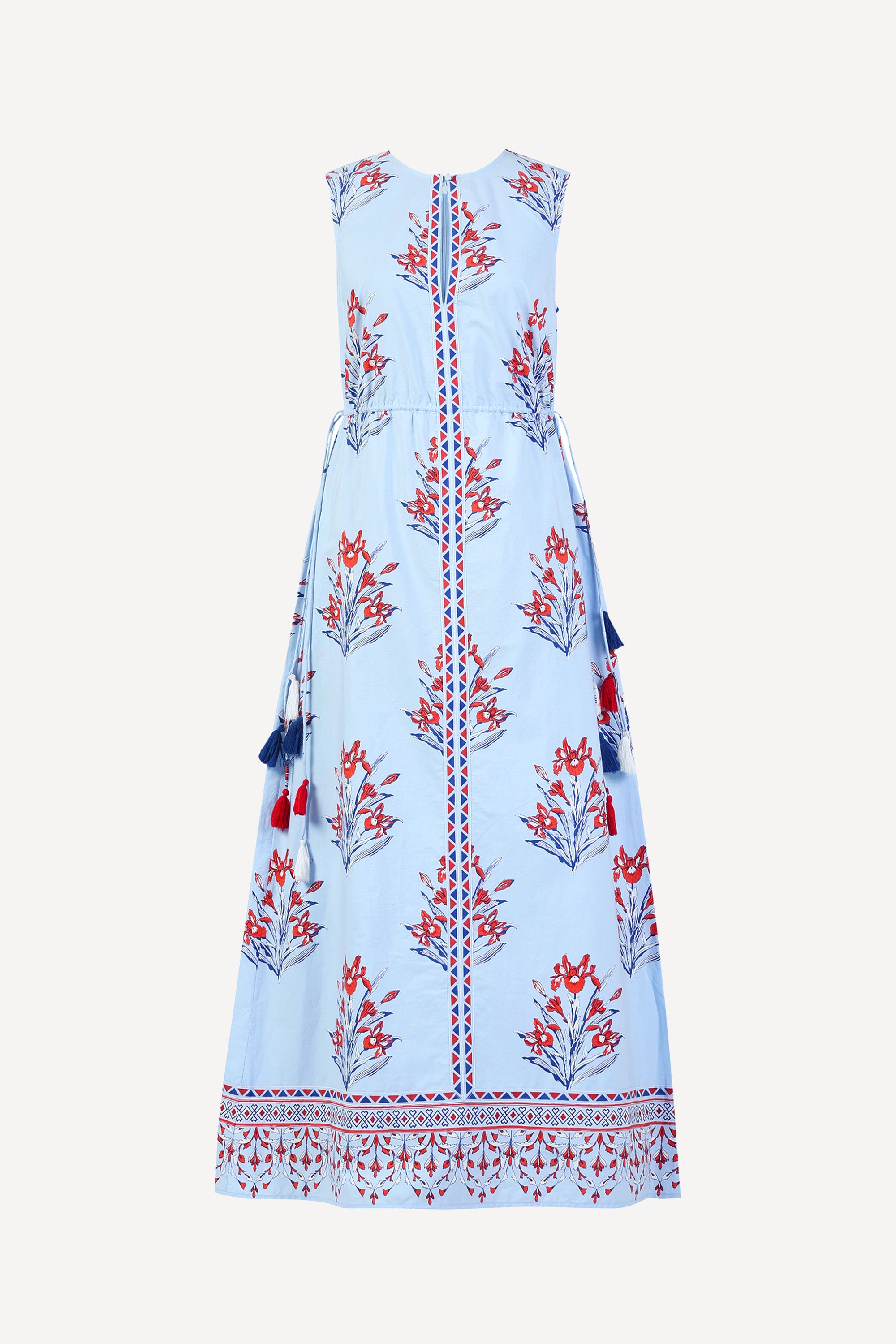 Front view of the Rhonda dress in the Brigitte print, featuring a sleek column silhouette, side drawstring details with fringe accents, a keyhole neckline, and iris floral motifs.