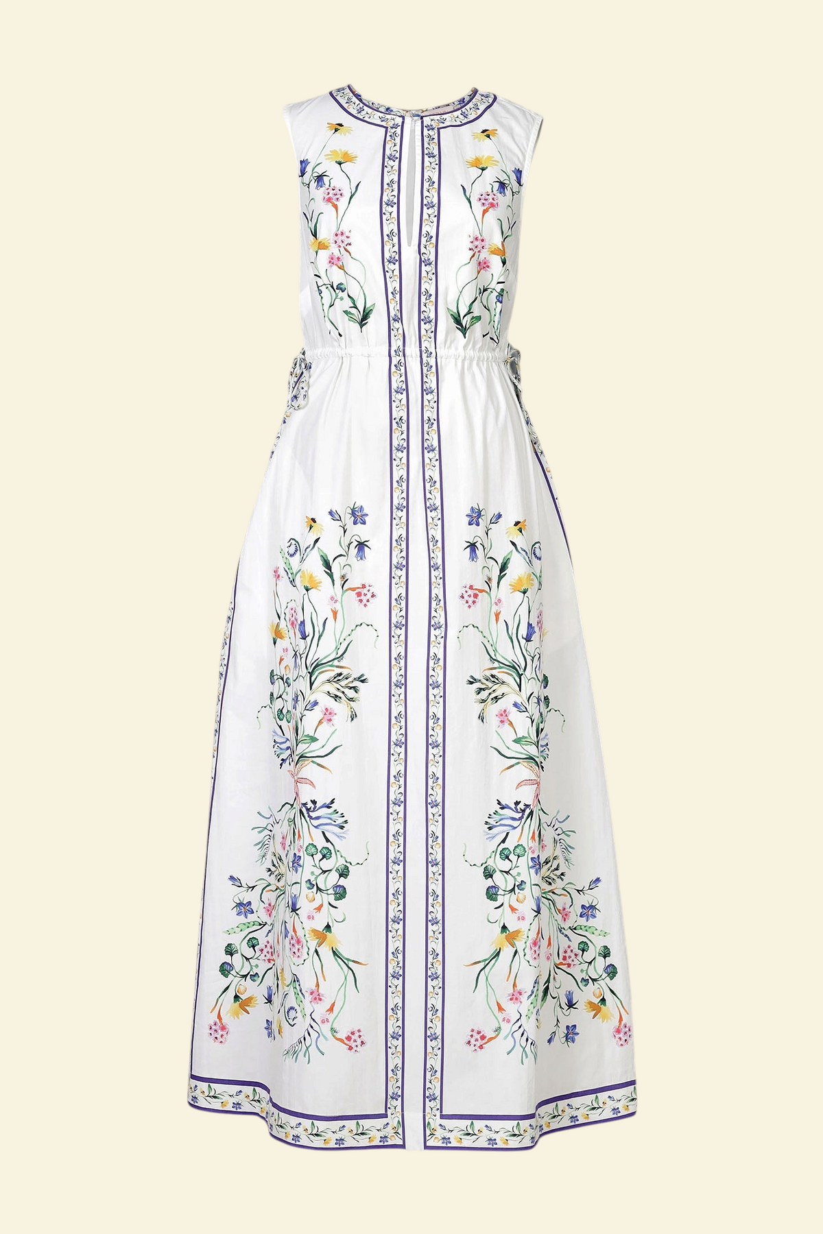 Banjanan Rhonda column dress in white with Tidepool floral print, crewneck, keyhole detail, and side drawstrings.