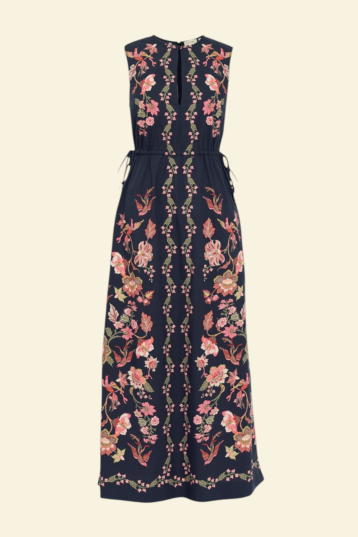 Banjanan Rhonda column dress in black with floral and bird chintz print, crewneck, and drawstring waist.