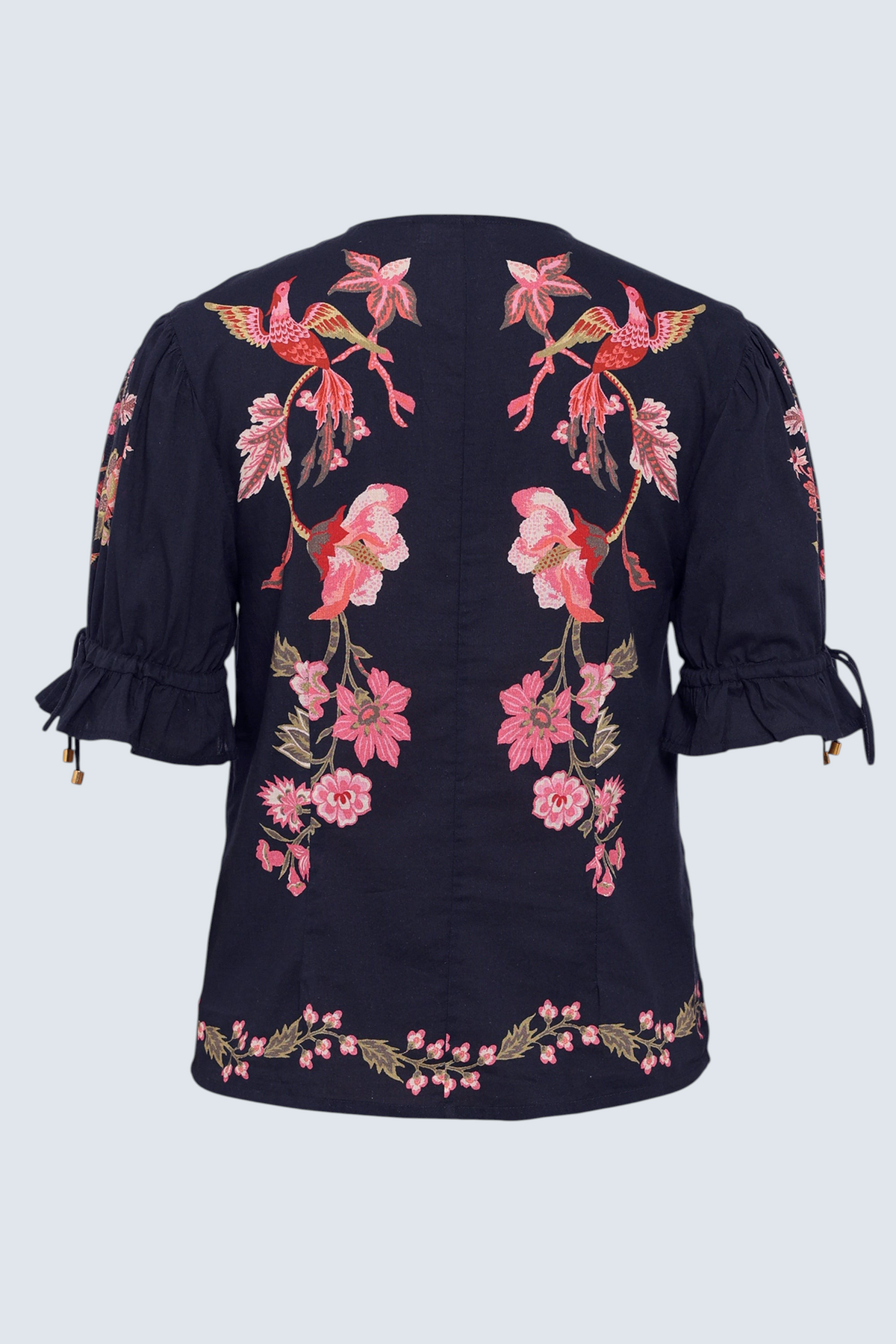 Back view of the Ricki top in Chintz print, featuring an adjustable drawstring sleeves, and vintage-inspired print placement.