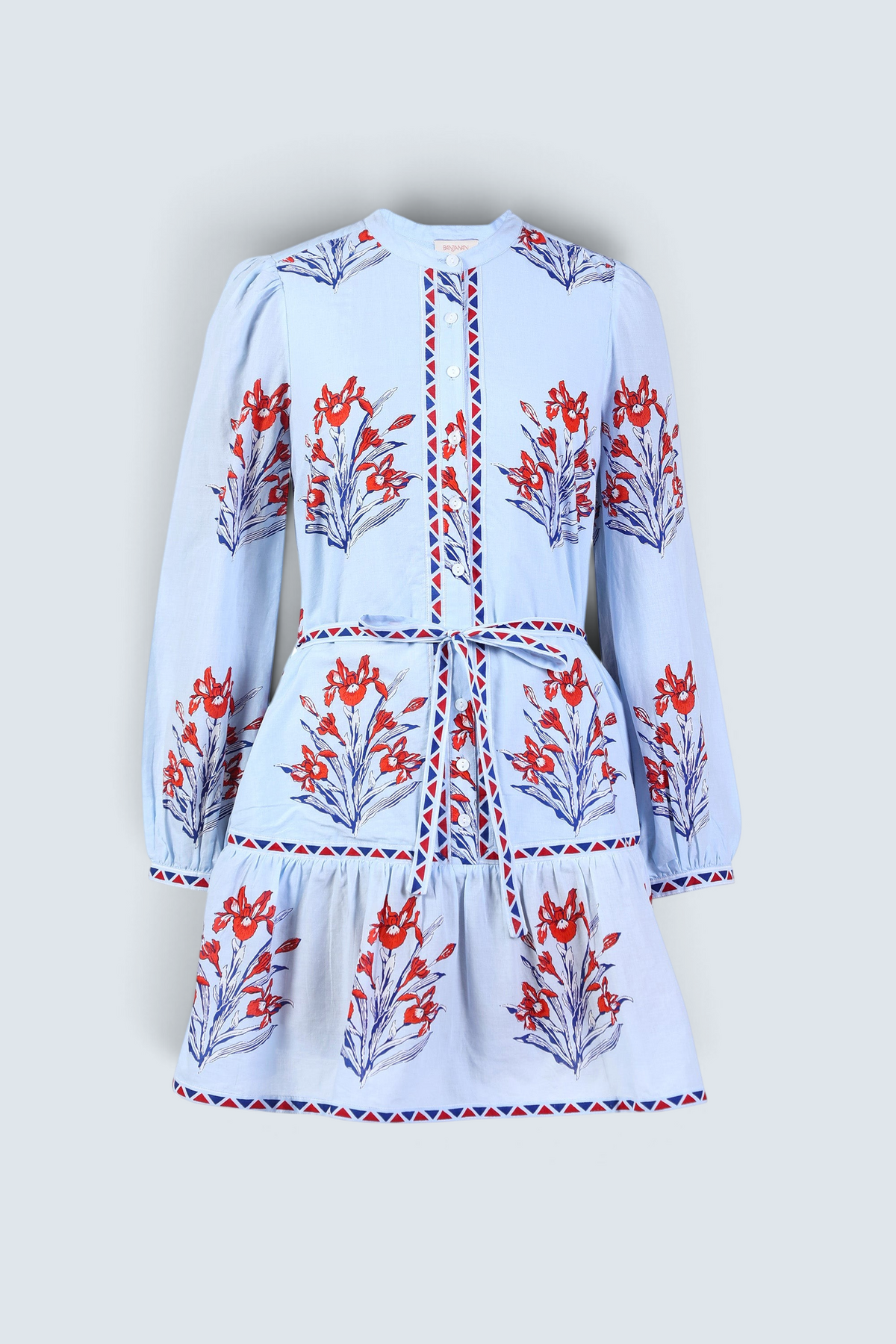 Front view of the Roma dress in the Brigitte print, featuring a mini shirtdress silhouette, contrast trim details, a detachable belt, and blooming iris floral motifs.