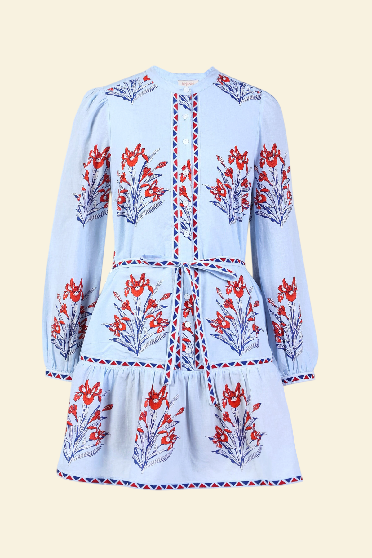 Front view of the Roma dress in the Brigitte print, featuring a mini shirtdress silhouette, contrast trim details, a detachable belt, and blooming iris floral motifs.