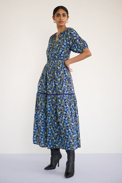 Selma Dress Pomegranate Vine Lapis - Full-Length V-Neck Dress