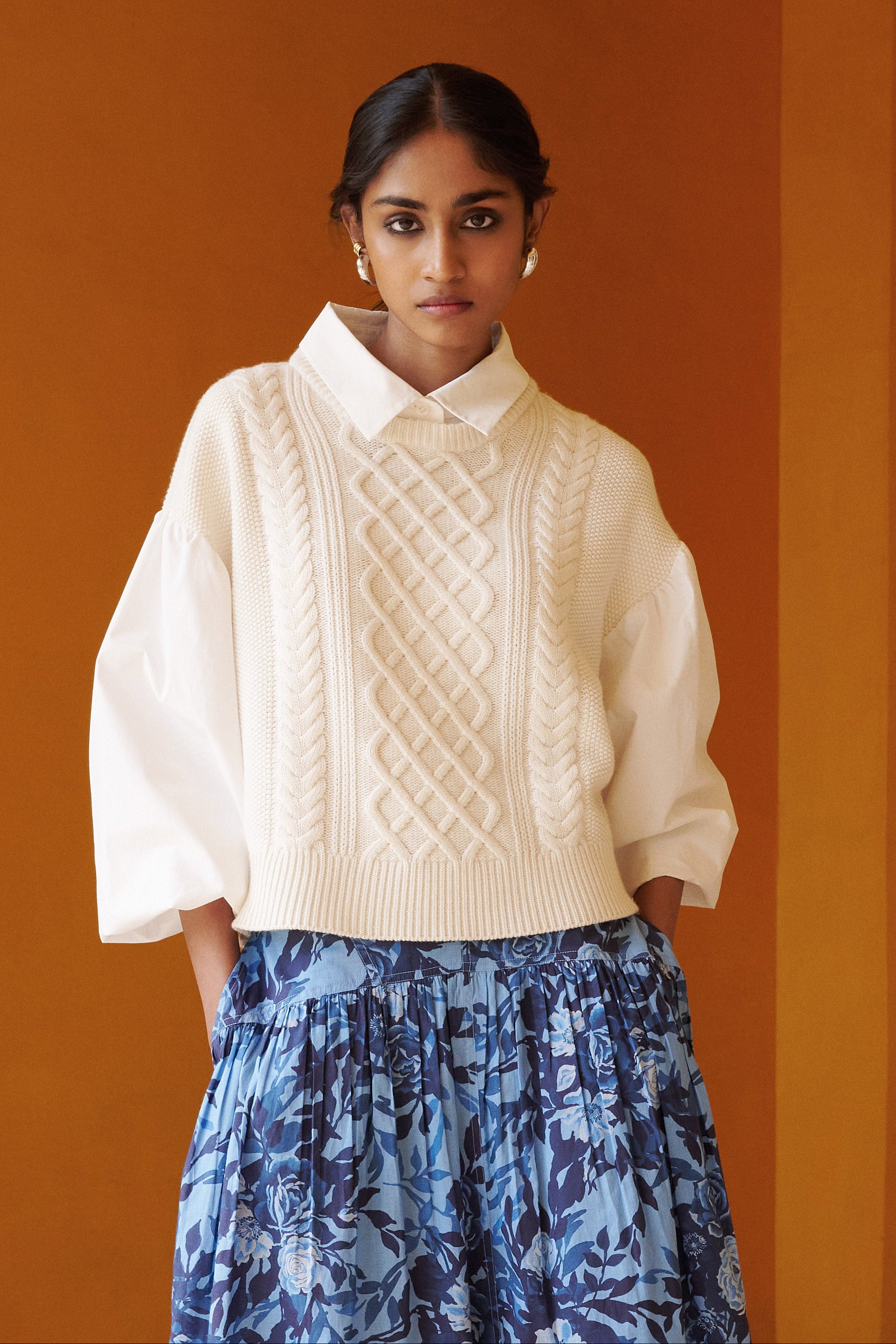 Skye Cable Shirt Ivory - Cable Knit Sweater with Poplin Detail