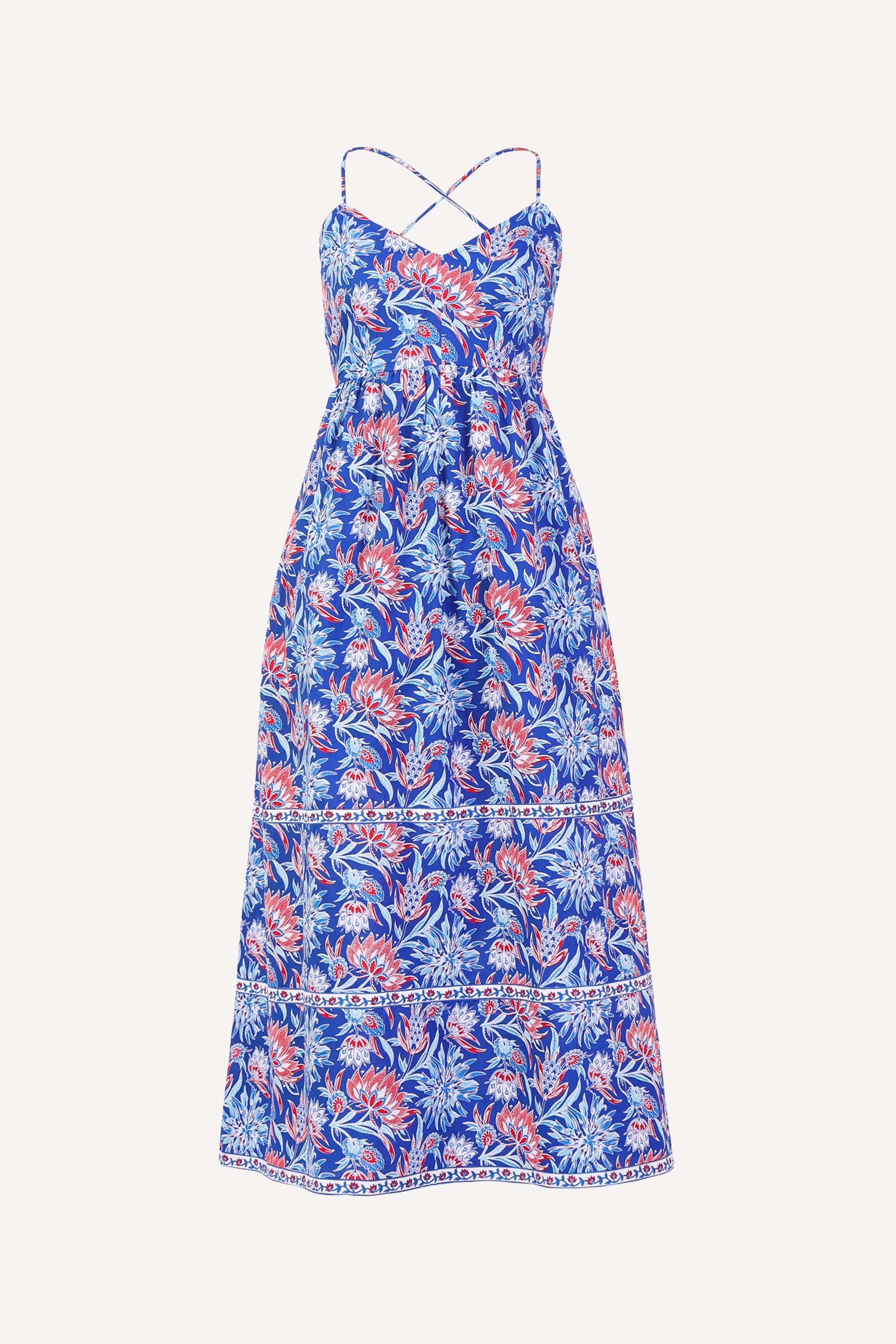 Front view of the Sofia strappy sundress in Philippa floral print with open back, criss-cross tie, gathered ankle-length skirt, and side pockets.