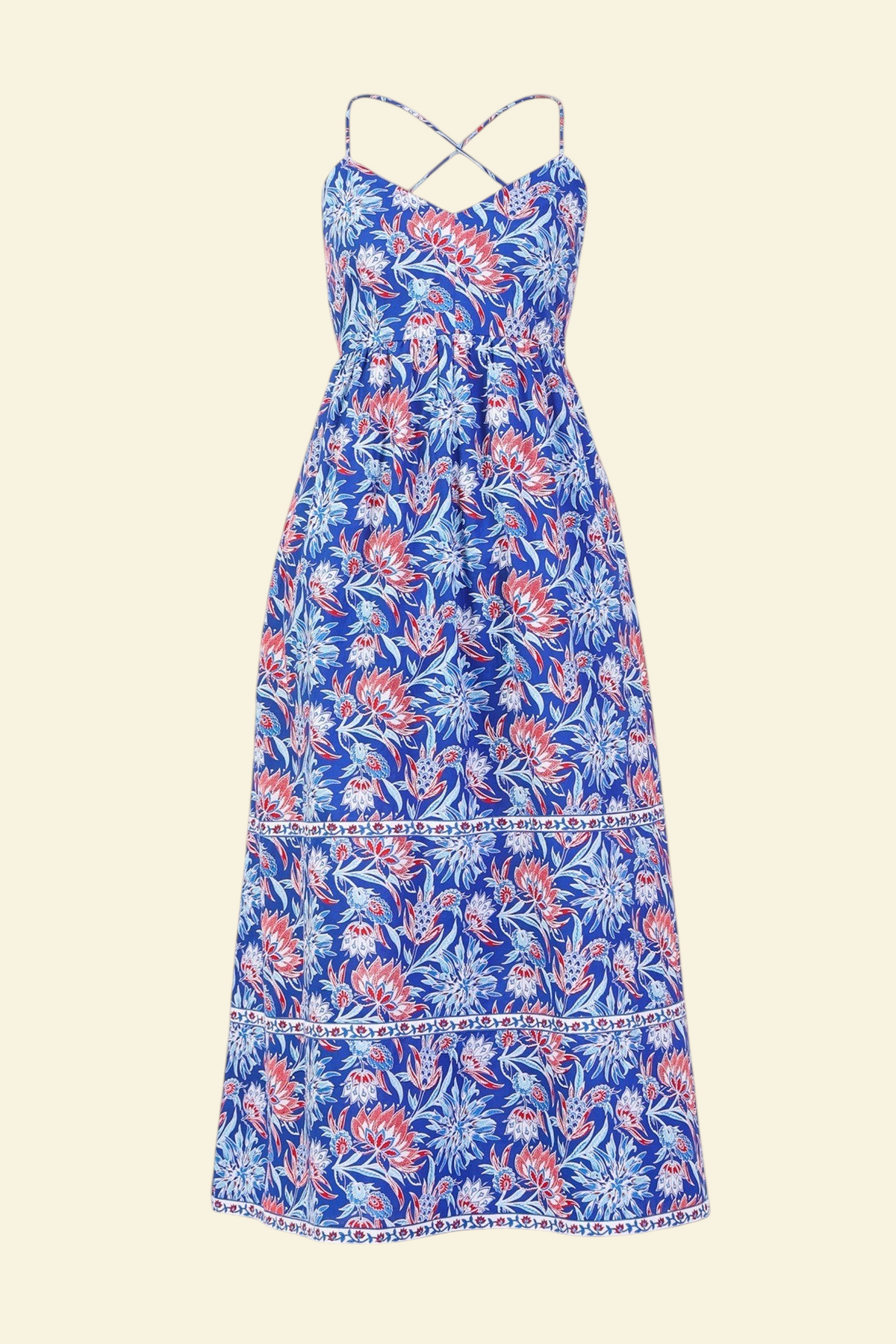 Banjanan Sofia sundress in blue and red floral cotton voile with strappy open back and ankle-length gathered skirt.