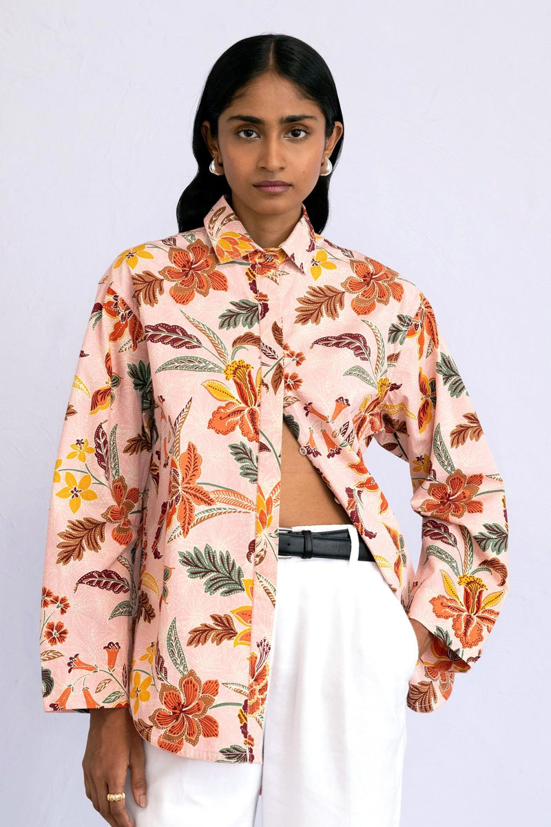 Front view of model wearing a full sleeve Charlotte Shirt Bali Floral Lotus.