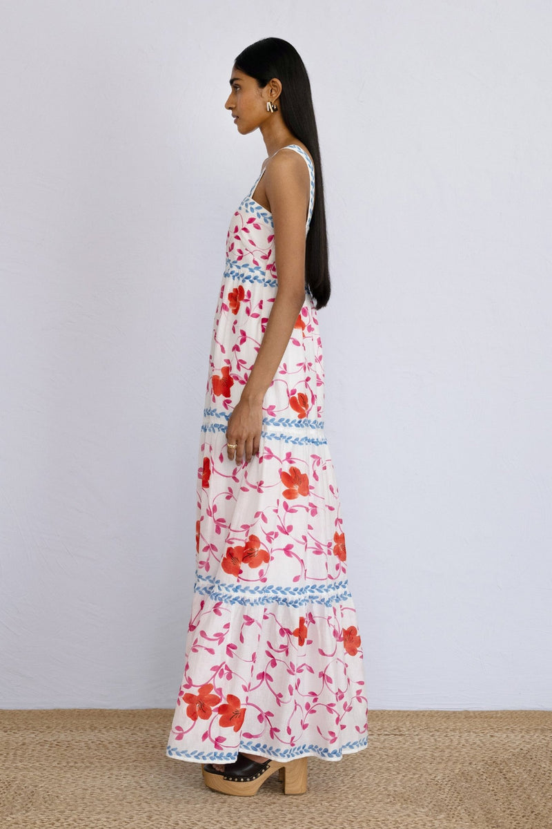 Side view of model standing wearing full length Daniella Dress Hand Painted Opium.