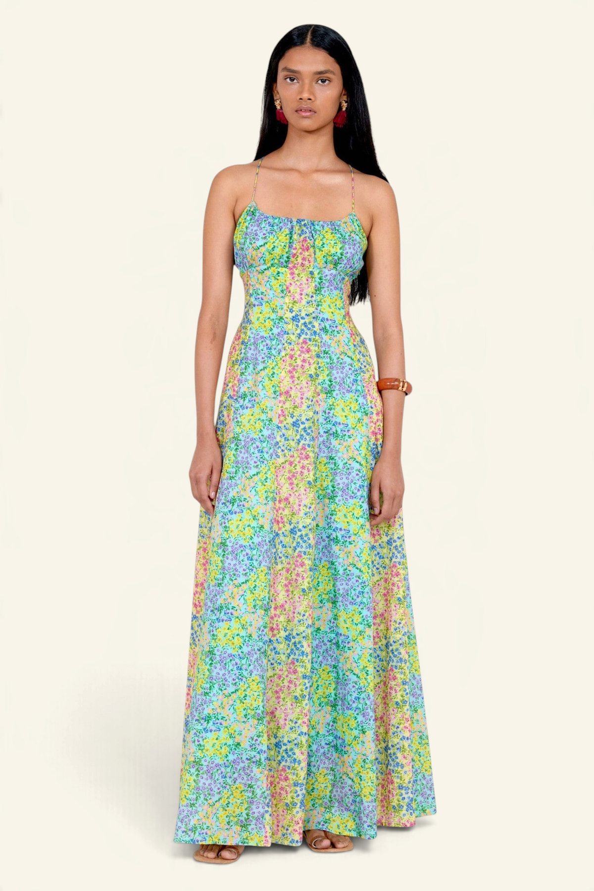 Banjanan Davina full-length floral gown in Harebell Limpet Buttercup ditsy print with adjustable spaghetti straps