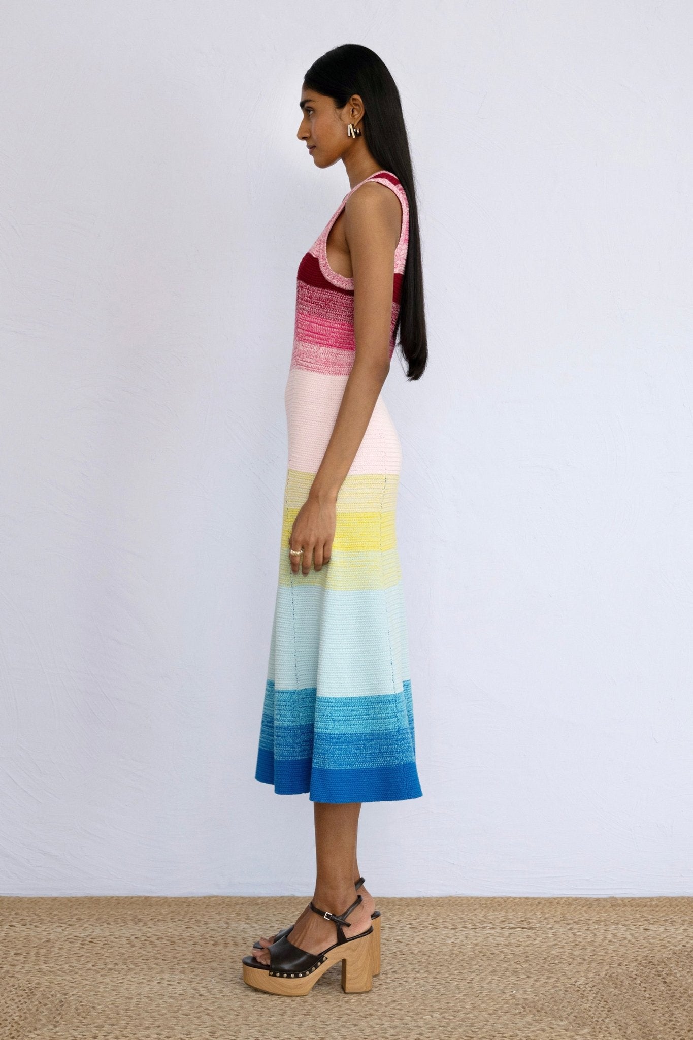 Side view of model standing wearing Genoa Dress Bloom Ombre