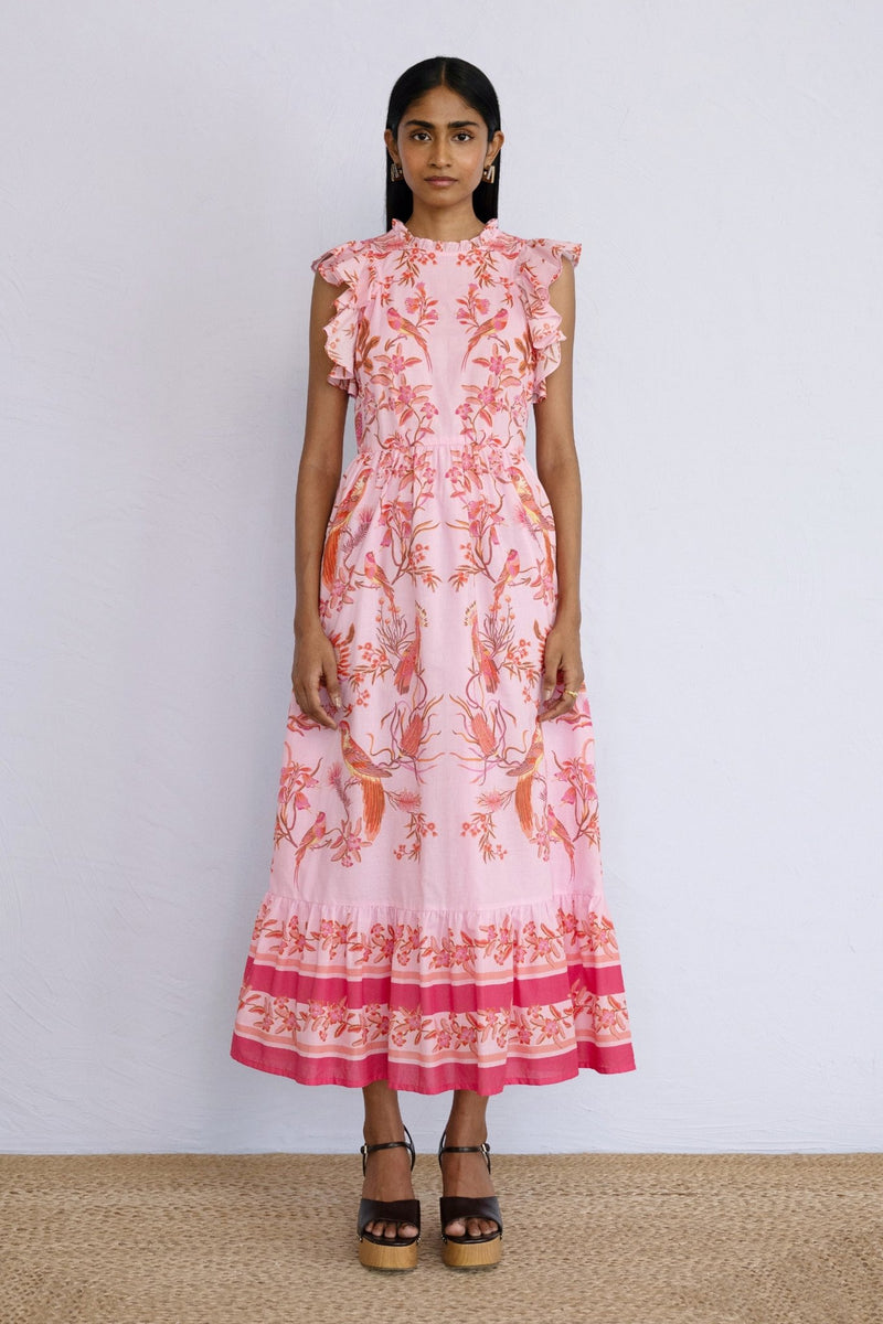 Front view of model standing straight wearing a full length Hannah Dress Botany Bay Pink Mist.