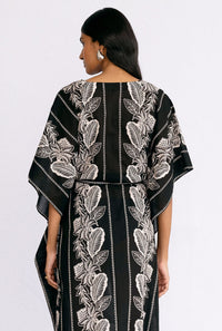 Back view close up of model wearing Jayden Kaftan Lombok Border Black.