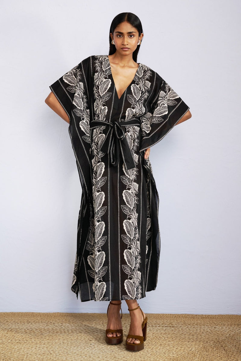 Front view of model wearing Jayden Kaftan Lombok Border Black.