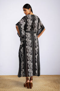 Back view of model wearing Jayden Kaftan Lombok Border Black.