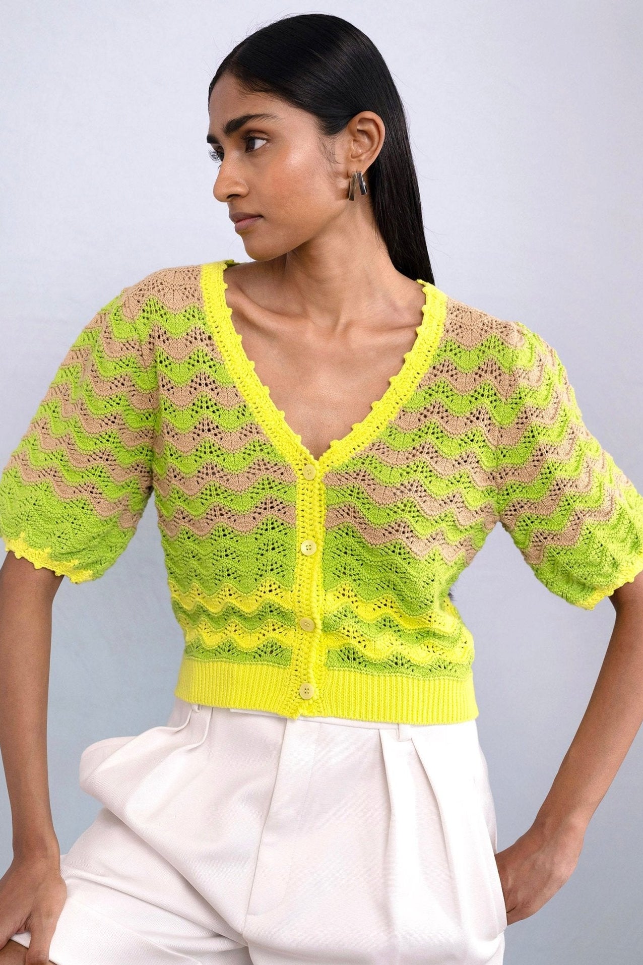 Front view of model wearing Kate Chevron Cardigan Chive