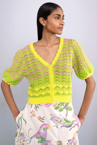 Front view of model wearing Kate Chevron Cardigan Chive