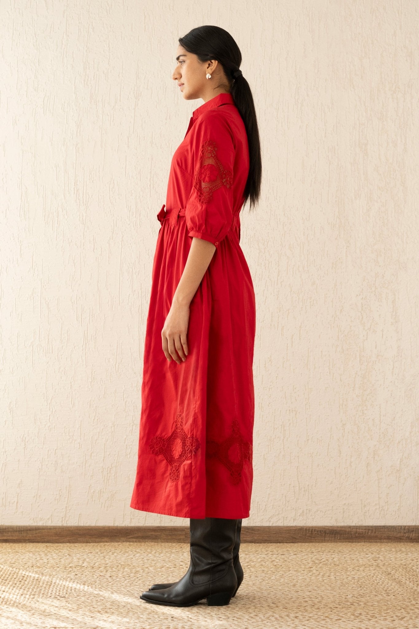 Full side view of woman wearing Marlene Dress Lace Tango