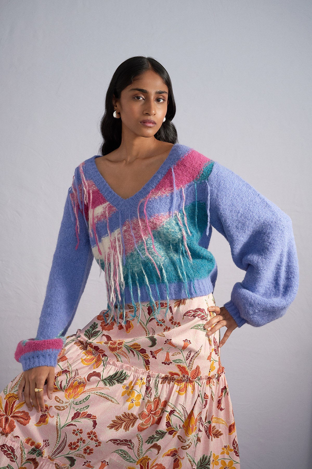 Maya V - Neck Feather Print Sweater