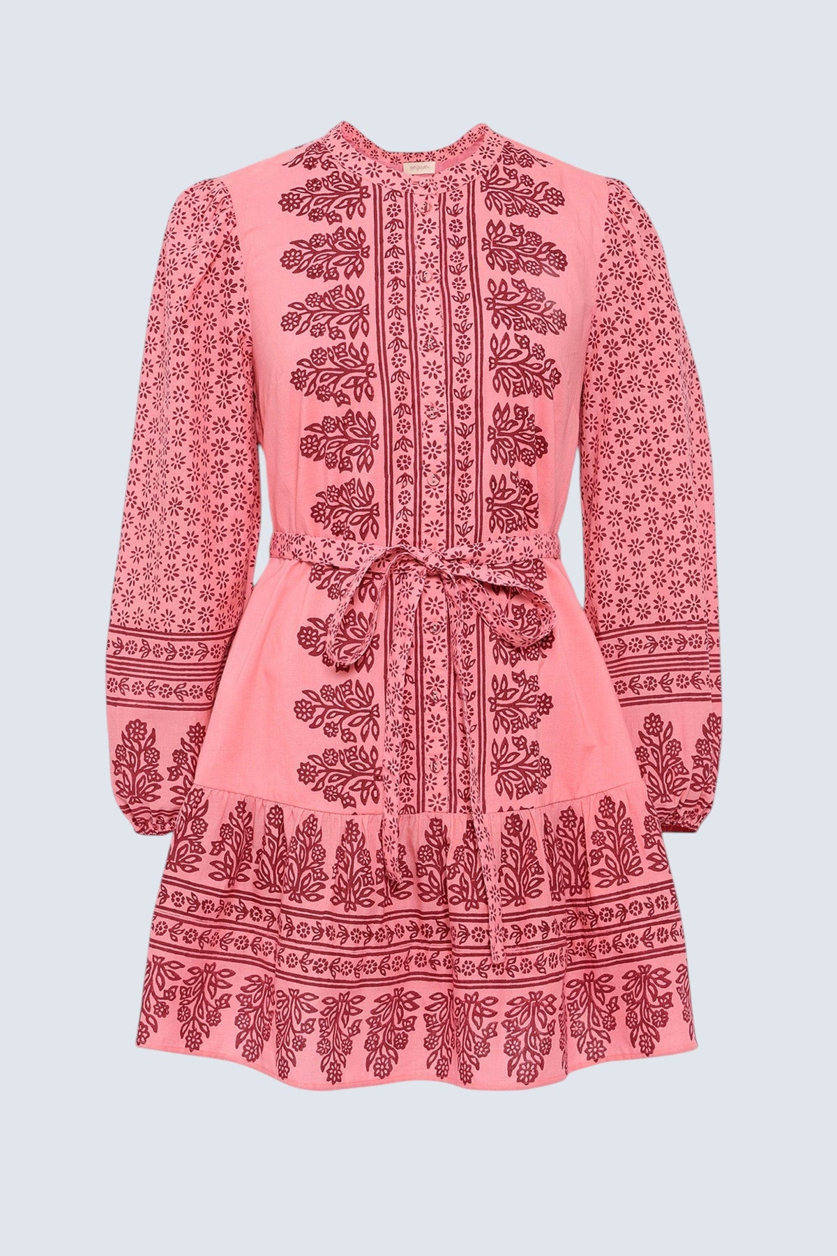 Front view of the Roma dress in Eugenie print, featuring a mini length, wrist-length sleeves, a detachable belt, and side-seam pockets.