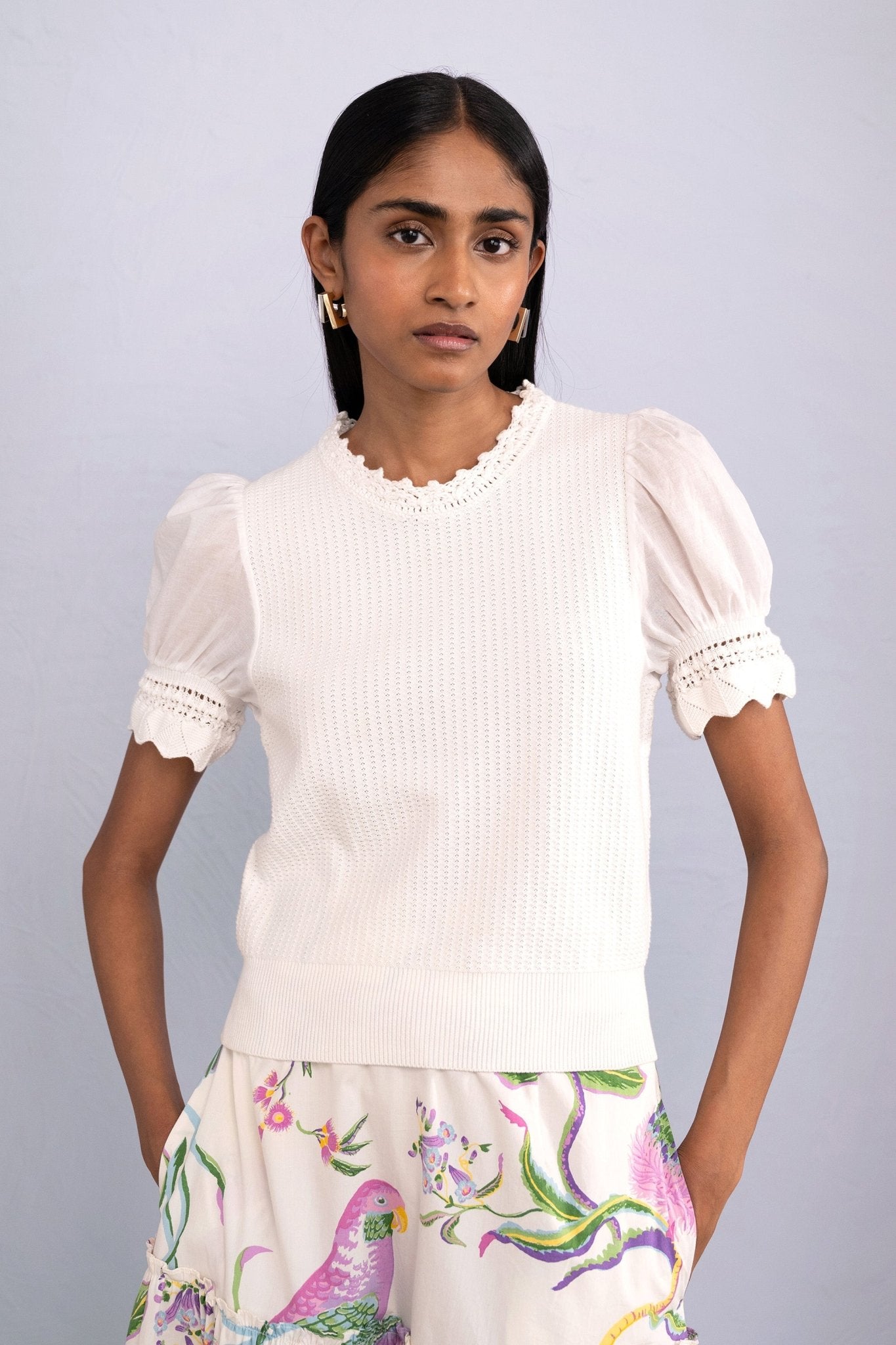 Front view of model wearing Patti Crewneck in Ivory