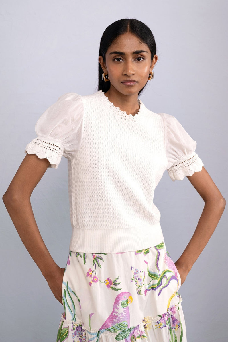 Front view of model wearing Patti Crewneck in Ivory