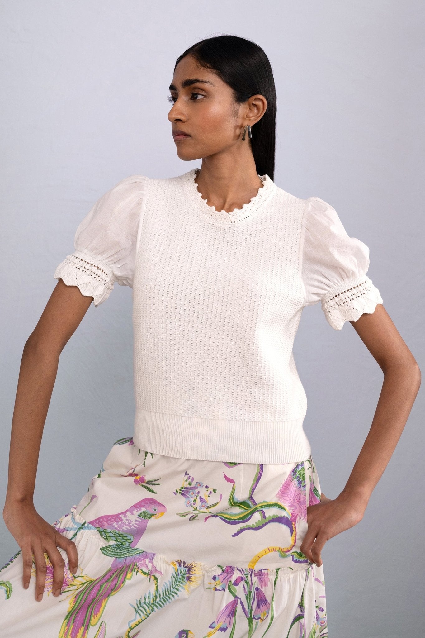 Front view of model wearing Patti Crewneck in Ivory