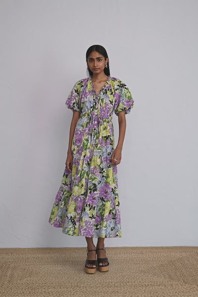 Video of model wearing Poppy Dress in Bouquet Chive print showing all sides of the dress.