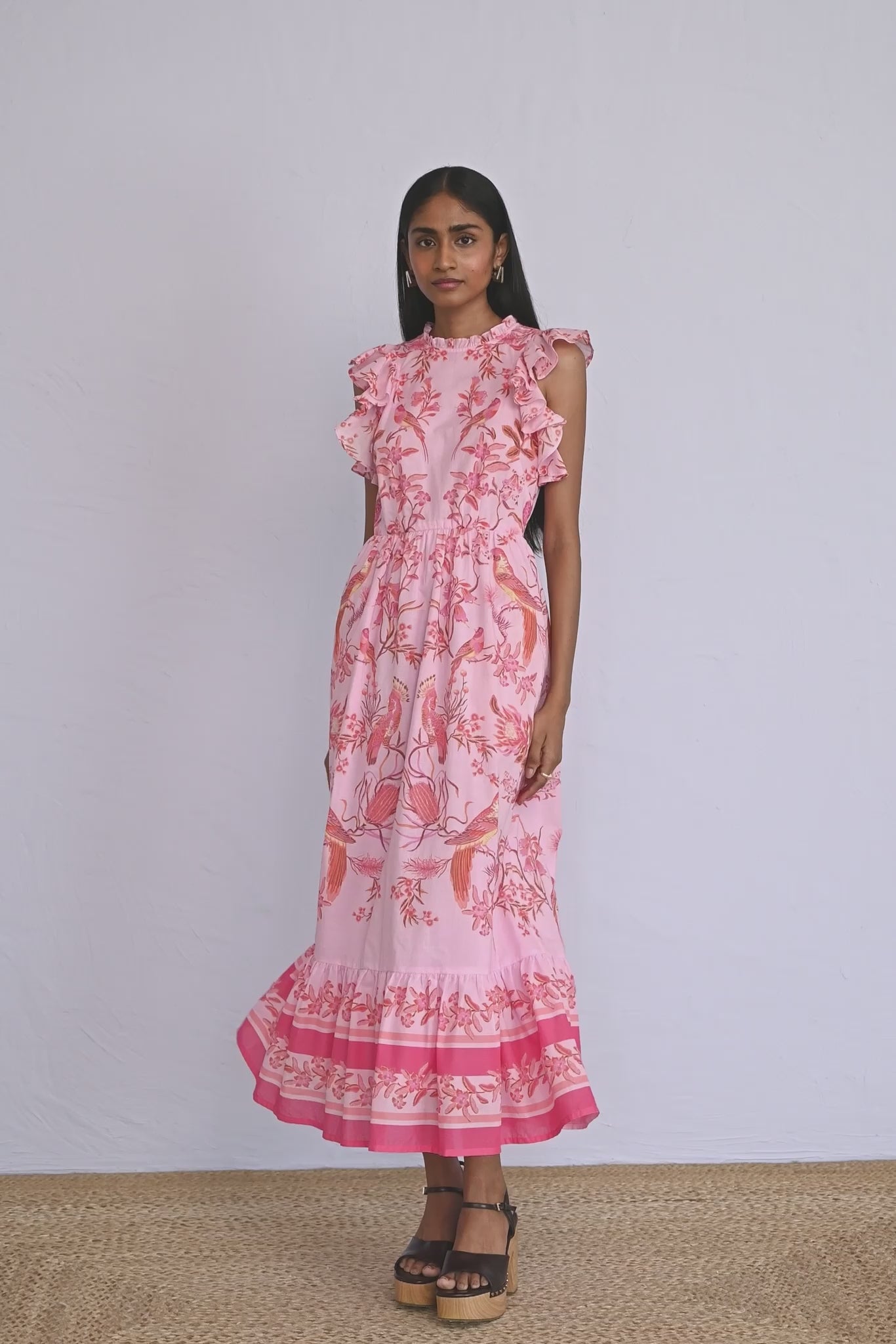 Video of model wearing a full length Hannah Dress Botany Bay Pink Mist showing all sides of the dress.