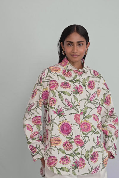 Video of model wearing Charlotte Shirt in Protea Cypress print showing all sides of shirt.