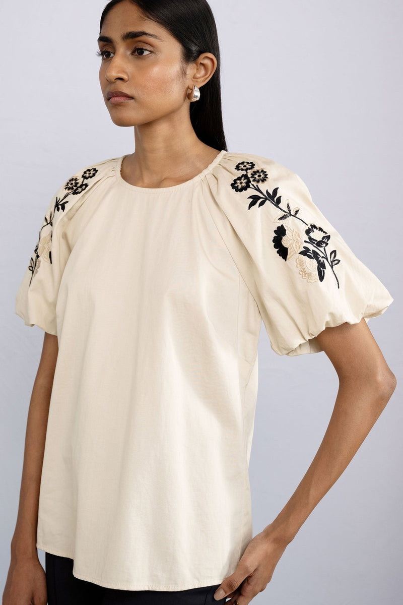 Santos Top Floral Embroidery Oyster