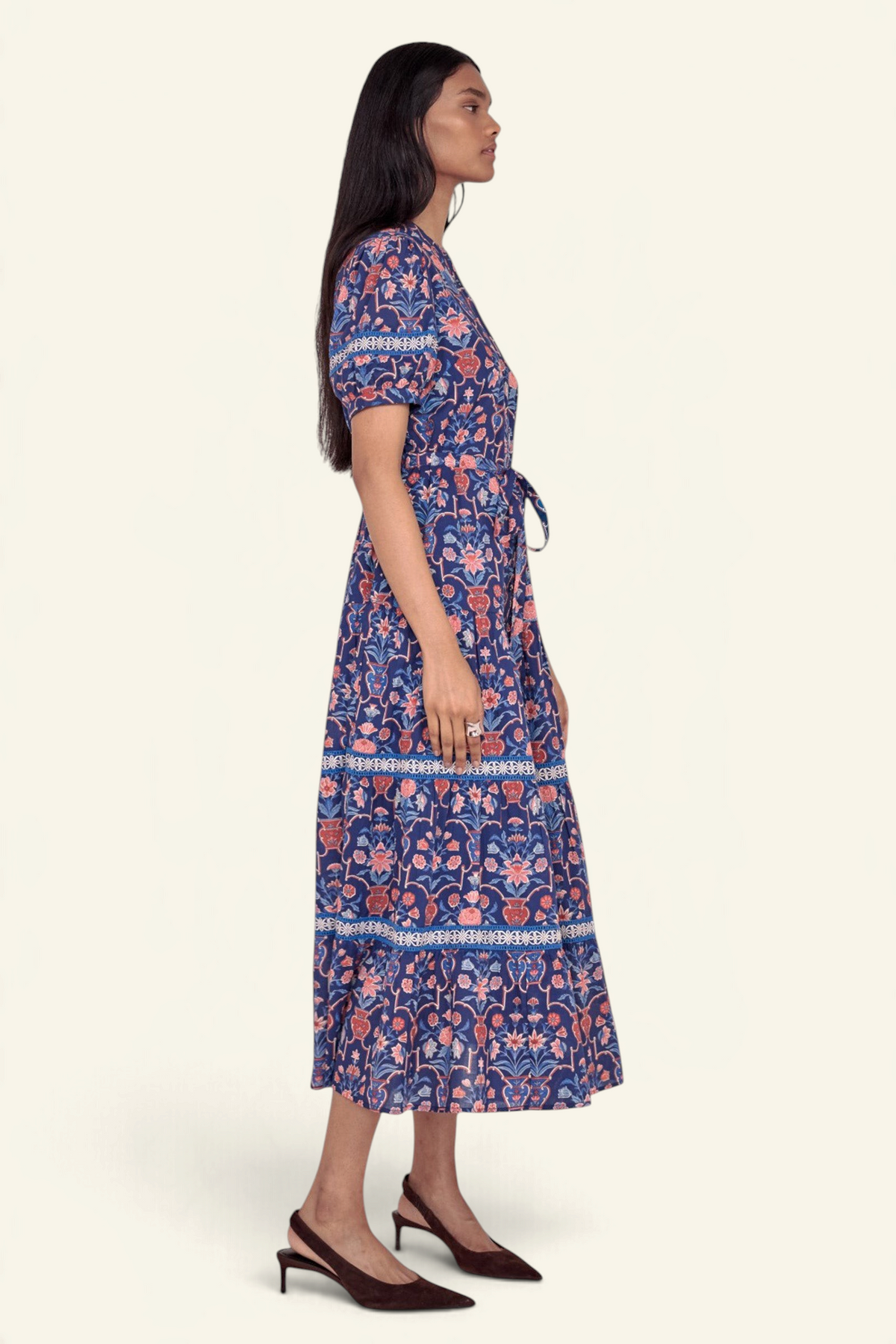 Banjanan Saylor midi shirtdress in medieval blue floral vase print with lace trim and detachable waist belt