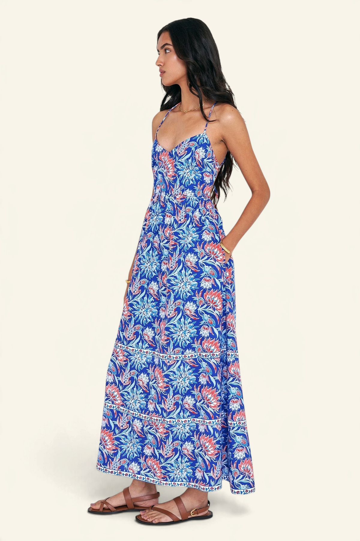 Banjanan Sofia sundress in Philippa nautical floral print cotton voile with strappy open back and side pockets
